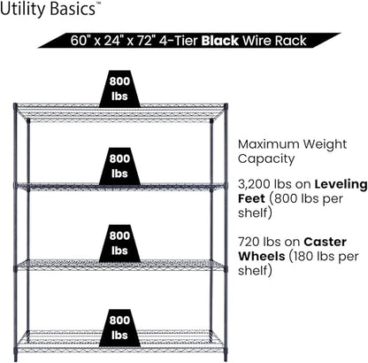 60"x24"x72" Premium Metal Steel 4-Tier Wire Shelving NSF 3200 LBS MAX Capacity Heavy Duty Storage Rack for Hospitals, Schools, Commercial Spaces, and Garages w/Premium Wheels