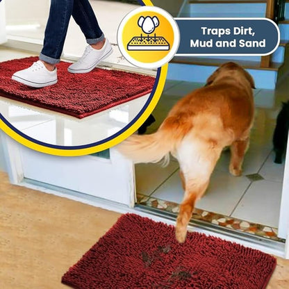Muddy Mat® 4-Piece Red Medium 30"X19" AS-SEEN-ON-TV Highly Absorbent Microfiber Door Mat, Bath Mat and Pet Rug, Non Slip Thick Washable, Soft Chenille for Kitchen Bathroom Bedroom Indoor and Outdoor