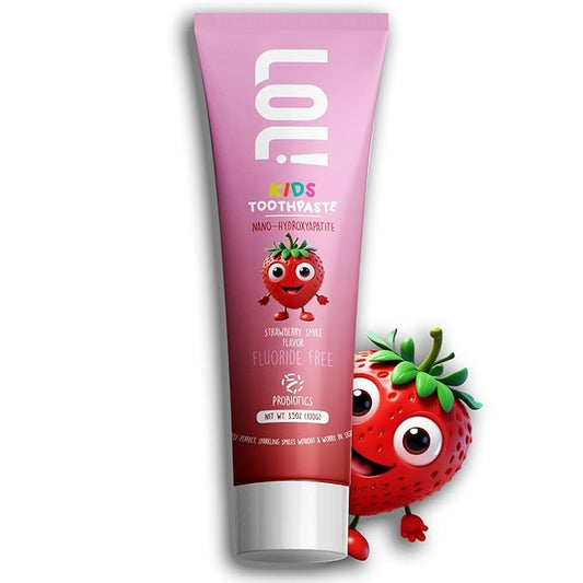 LOL Fluoride Free Toothpaste Kids, Nano Hydroxyapatite Toothpaste,Probiotics & Xylitol Tooth Paste Kids | Remineralizing | Natural | Plant-Based Foam | Pasta De Dientes para Niños. (Strawberry)