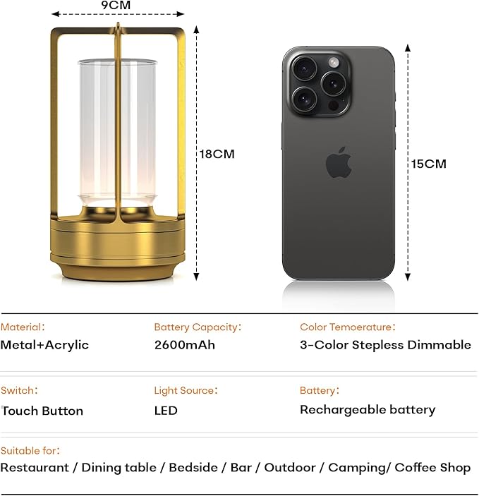 Portable Metal Table Lamp for Indoor/Outdoor ,Rechargeable Cordless LED Lamp, 3-Colour Infinitely Dimming Battery Powered Small Desk Lamp, Restaurant/Bedroom/Bar/Coffee/Camping Light (Gold Set of 2)