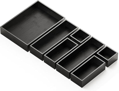 SpaceAid 7-Piece Bamboo Drawer Organizer Storage Boxes Set, Wood Tray Junk Drawer Organizers Multi-Use Divider Bins for Kitchen, Bathroom, Office Desk and Makeup Organization (7 Pack, Black)
