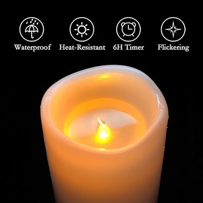 Homemory 4" x 8" Waterproof Outdoor Flameless Candles, Battery Operated Flickering LED Pillar Candles with Remote and Timers for Indoor Outdoor Lanterns, Long Lasting, Large, Dark Ivory, Set of 4