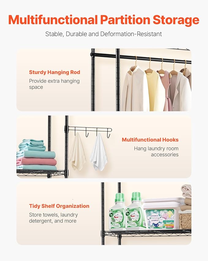 VEVOR Over The Washer and Dryer Storage Shelf, 4 Tier Laundry Room Drying Rack with Hanger Rod and Hooks, Adjustable Over Washer and Dryer Shelves, Laundry Room Shelf Storage Space Saver, Black