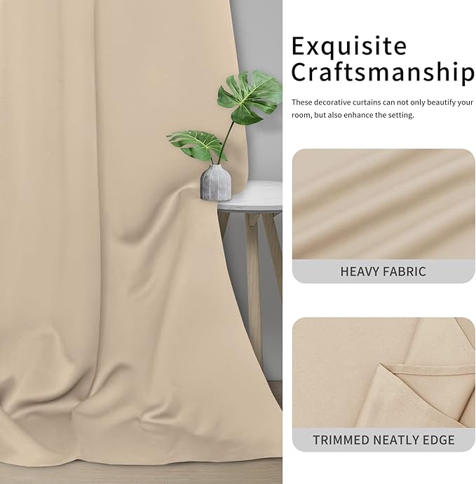 Easy-Going Blackout Curtains for Bedroom, Solid Thermal Insulated Grommet and Noise Reduction Window Drapes, Room Darkening Curtains for Living Room, 2 Panels (34x72 in, Beige)