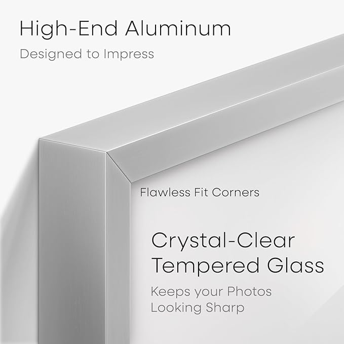 Homeforia Silver Picture Frame 8x10, High End Metal 8 x 10 Photo Frames with Mat 5 by 7 Art, 10x8 Thin Frame Matted to 5x7 inch Print, 10by8 Wall or Tabletop Frames, Tempered Glass, Wall Kit, Set of 1