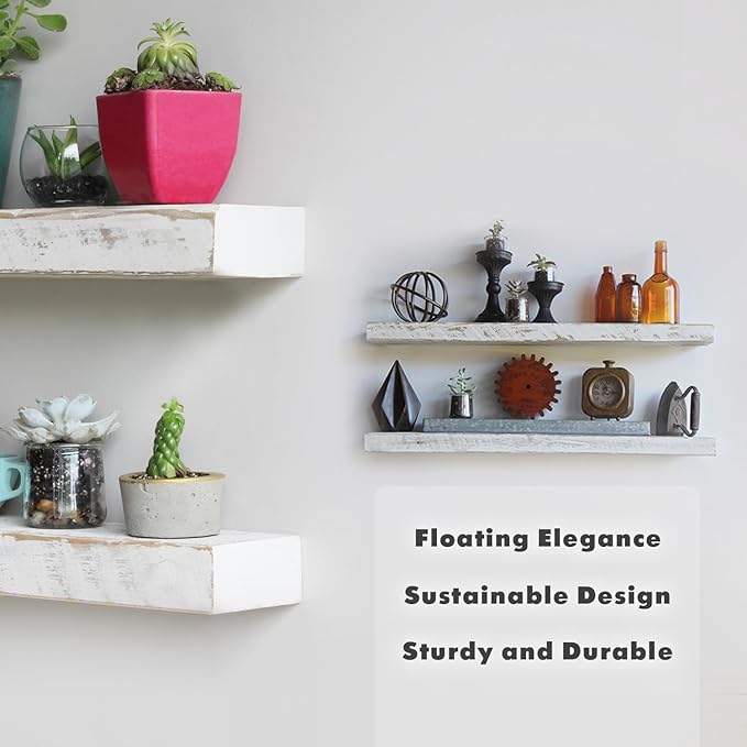 Urban Legacy Reclaimed Barnwood Planks | Floating Shelves for Wall w/Flush Mount Shelf Bracket Set Included | Set of 2 (White Wash, 40"x 4.5"x 2")