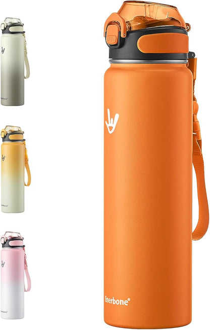 Enerbone 32 oz Insulated Water Bottle, Stainless Steel Bottle with Carrying Strap, Double-Wall Vacuum Insulation Design, Leakproof Sports Bottle with Straw, Keep Drinks Cold or Hot for Hours