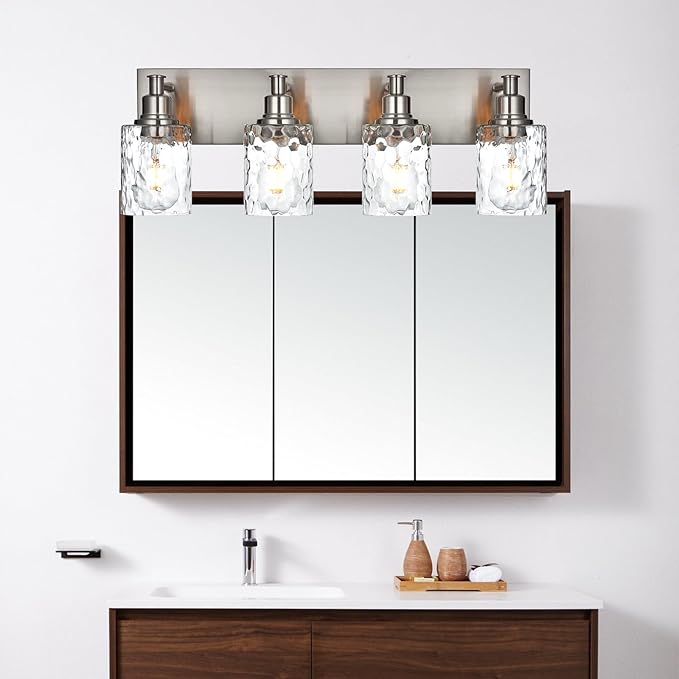BONLICHT 4-Light Bathroom Vanity Light Fixture Brushed Nickel Industrial Wall Sconce Lighting with Hammered Glass Shade for Living Room Bedroom Hallway Porch Workshop Dressing Table