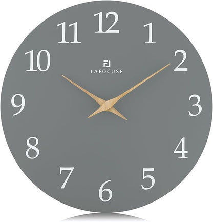 Lafocuse 12 Inch Silent Grey Wall Clock Battery Operated for Living Room Decor, Simple Minimalist Wooden Wall Clock for Kitchen Bedroom Office