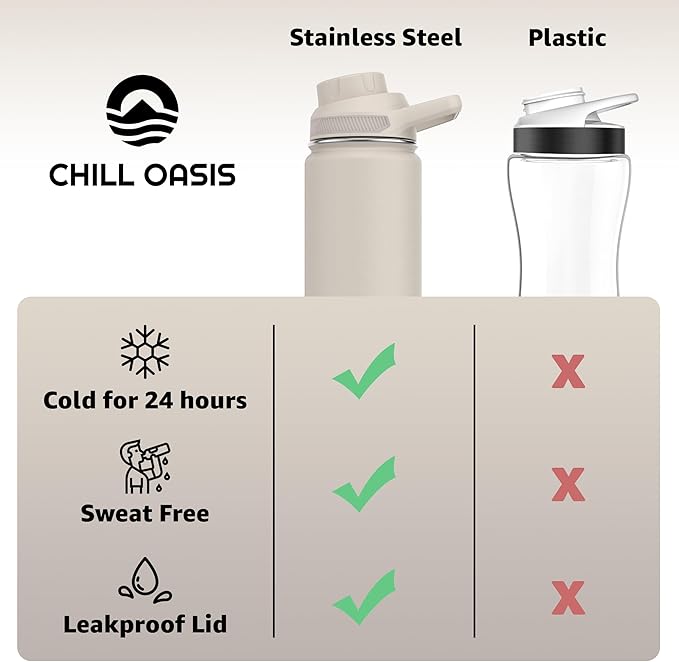 Chill Oasis Water Bottle | Compatible With Popular Flavor Cartridges | BPA Free, Leak Proof, Double-Walled Vacuum Insulated Stainless Steel, and Dishwasher Safe | Cold for 24 Hours (Beige, 22oz)