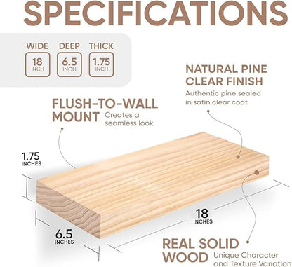 Homeforia 18 inch Natural Floating Shelf, High End Solid Real Wood 18inch Small Floating Shelves for Wall Mounted, Natural Wooden Floating Shelves, Heavy Duty Bracket, 18 X 6.5 X 1.75 in, Set of 4