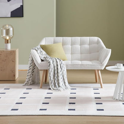 48" Small Loveseat Sofa, Modern Sherpa Mini Sofa Couch 2-Seater Fluffy Love Seat with Quilting Backs and Wood Legs for Living Room, Bedroom and Small Space, White