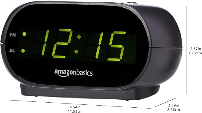 Amazon Basics Small Digital Oval Alarm Clock With LED Display, Nightlight & Battery Backup, Black, 4.5 x 3.5 x 2.4 Inches