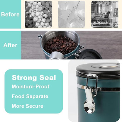 Coffee Canister Airtight Storage Container Stainless Steel Air Tight Coffee Jar with Scoop, Date Tracker CO2 Release Valve for Dry Food, Beans, Ground, Tea, Flour, Cereal and Sugar (1.8L,Green,2Pcs)