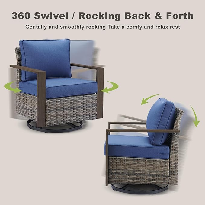 Outdoor Wicker Patio Furniture Set - 6 Piece Patio Conversation Set with 2 Wicker Swivel Rocker Chairs,2 Rattan Ottoman,1 Side Table and 1 Couch,Thick Cushions,Deep Seating(Mixed Grey/Blue)