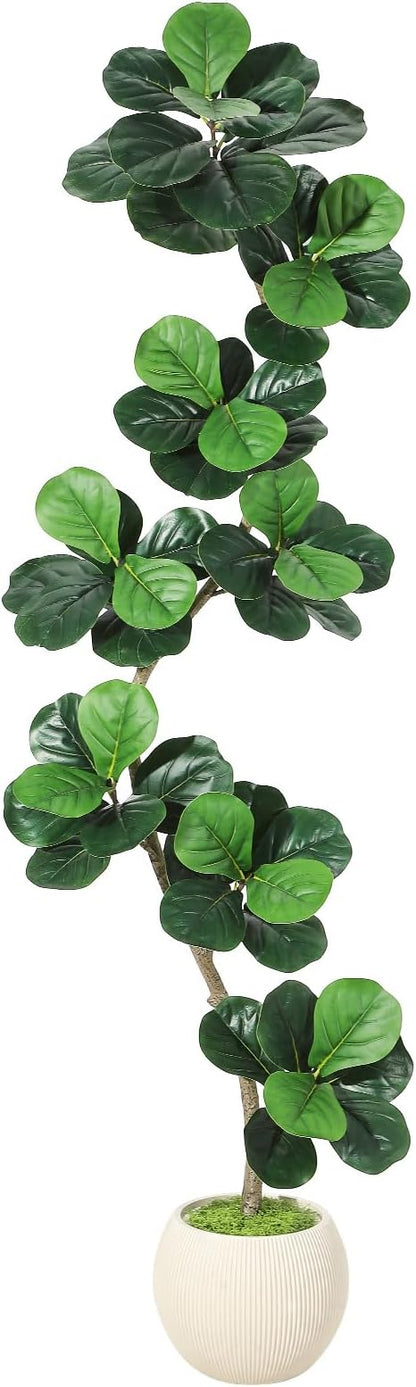 GarveeHome Fiddle Leaf Fig Artificial Tree with White Planter,7ft Faux Plants Indoor with Moss, Fake Rubber Tall Fake Floor Plant in Pot - Artificial Trees for Home Office Living Room Decor