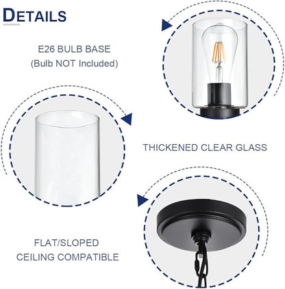5-Lights Modern Chandelier with Clear Glass Shades, Black Farmhouse Pendant Lighting for Dining Room Kitchen Island Ceiling Light Fixture Haning Over Table