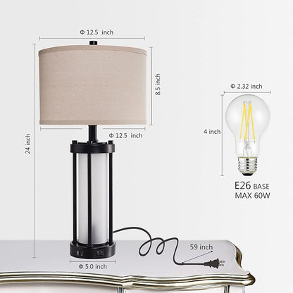 RORIA Set of 2 Modern Table Lamps for Living Room with 2 USB Ports, White Frosted Glass Nightlight for Bedroom, Contemporary Desk Lamps for Nightstand End Table Entryway, 4 Bulbs Included (Black)