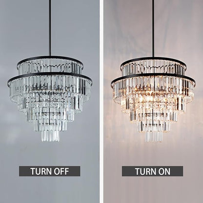 Luxury 6-Tier Round K9 Crystal Chandelier, Black Finish 26 Inch Diam Ceiling Light, Classic Elegant Chandelier with Crystal Piece, Lighting Fixture for Hallway, Bedroom, Living Room