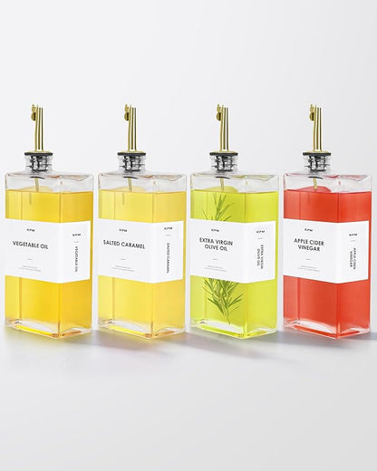 Olive Oil Dispenser For Kitchen, Glass Oil Bottle 500ML Oil And Vinegar Dispenser Set Of 4 with 4 Stainless Steel Pourers & 88 Labels, Soy Sauce Dispenser, Coffee Syrup Bottles