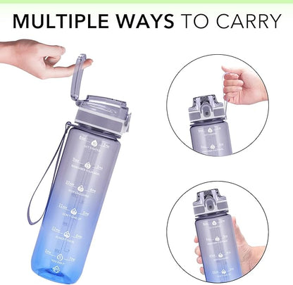 32oz Motivational Water Bottles with Time Marker & Fruit Strainer, Transparent Gradient Color Water Bottle with Times to Drink, Leakproof & BPA Free, Reusable Bottle with Strap (No Straw)