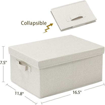 HOONEX Foldable Storage Bins with Lids, 2 Pack, Storage Boxes with Carrying Handles and Sturdy Heavy Cardboard, 16.5" L x 11.8" W x 7.5" H for Shoes, Books, Clothes, Linens, Beige