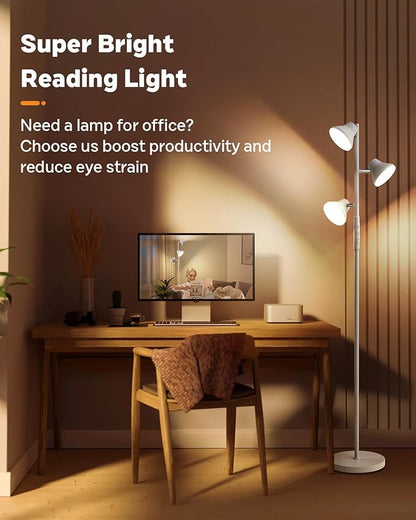 LED Tree Floor Lamp Silver, 36W Super Bright Standing Lamp with Remote Control, 4 Color Temperatures, 3 Rotatable LED Lights, Dimmable Floor Lamps for Living Room, Bedroom, Office