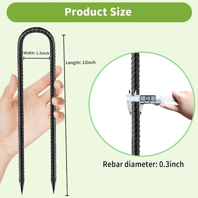 Rebar-Stakes-12-Inch, Ground Stakes Heavy Duty U-Hook Black Coated Anti-Rust Heavy Duty Ground Anchors for Garden Dog Fence Chicken Coop Christmas Decorations Deer Fence 8pcs