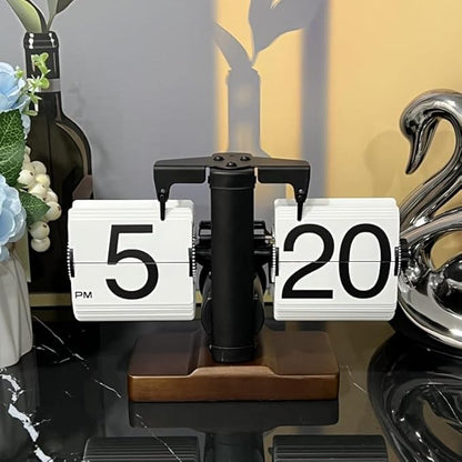 Flip Desk Clock, Retro Vintage Flip Desk Table Clock, Digital Sided Large Numbers Mechanical Flip Clock Wood Base for Living Room, Study Room and Office（Black）