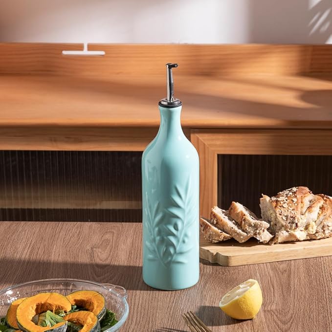 Sweejar Ceramic Olive Oil Dispenser Bottle, 24 Oz Relief Design EVOO Oil and Vinegar Dispensing Bottle with Spout for Kitchen, Set of 1 (Turquoise)