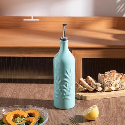 Sweejar Ceramic Olive Oil Dispenser Bottle, 24 Oz Relief Design EVOO Oil and Vinegar Dispensing Bottle with Spout for Kitchen, Set of 1 (Turquoise)