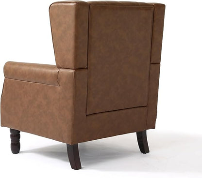 UIXE Faux Leather Accent Chair, High Back Upholstered Armchair for Living Room, Wingback Arm Chair Comfy Single Sofa Bedroom Reading Seat with Solid Wood Legs - Brown