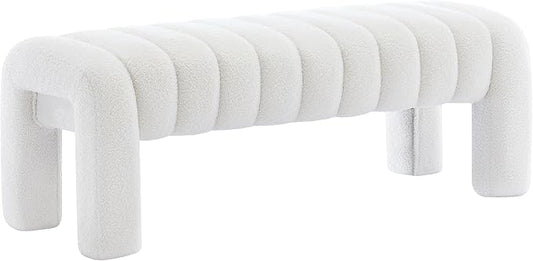 43.3" Bedroom Bench, Upholstered Entryway Bench, Modern End of Bed Ottoman with Solid Wood Legs and Adjustable Foot Pegs for Entryway, Dining Room and Living Room (White Teddy)
