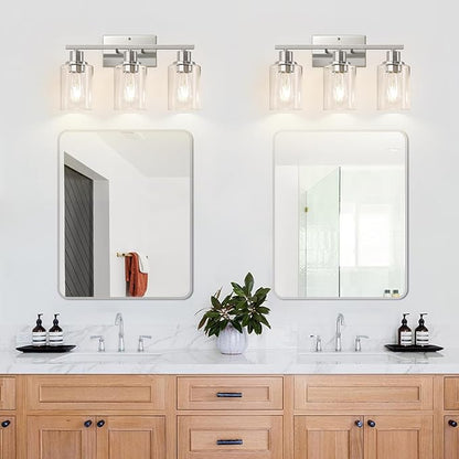 3-Light Bathroom Light Fixtures, Brushed Nickel Vanity Lights with Clear Glass Shades, Modern Bathroom Wall Lamp for Mirror Living Room Cabinet Bedroom Porch