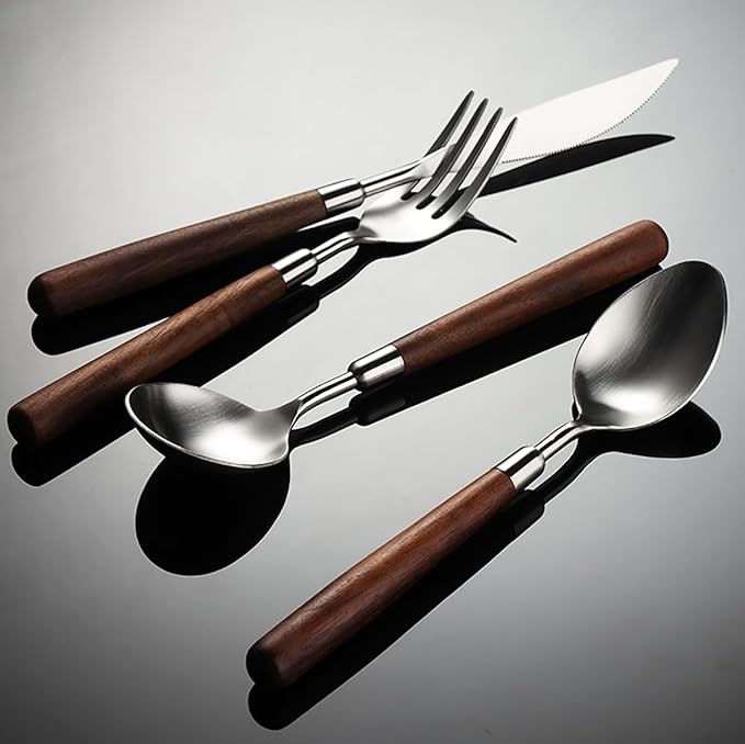 Silverware Set 12 Piece Flatware Cutlery Set Service for 3,18/10 Stainless Steel Forged Walnut Wooden Handle Matte Brushed Dishwasher Safe Premium Durable Utensil Sets for Home Kitchen Wedding