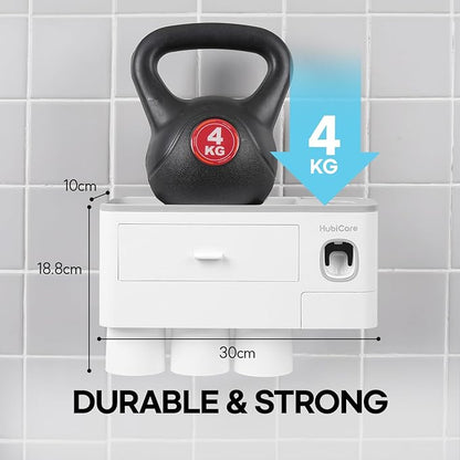 HubiCare Toothbrush Holder with Toothpaste Dispenser Wall Mounted for Bathroom, Automatic Toothpaste Squeezer, Bathroom Organization and Storage, 5 Toothbrush Slots (3 Cups)