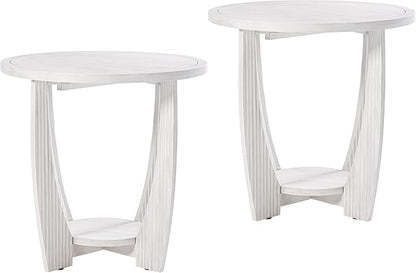 Rustic Farmhouse end Table X 2P with Storage Shelf, French Country Accent Side Table for Family, Dinning or Living Room, Small Spaces, Modern, Round, White
