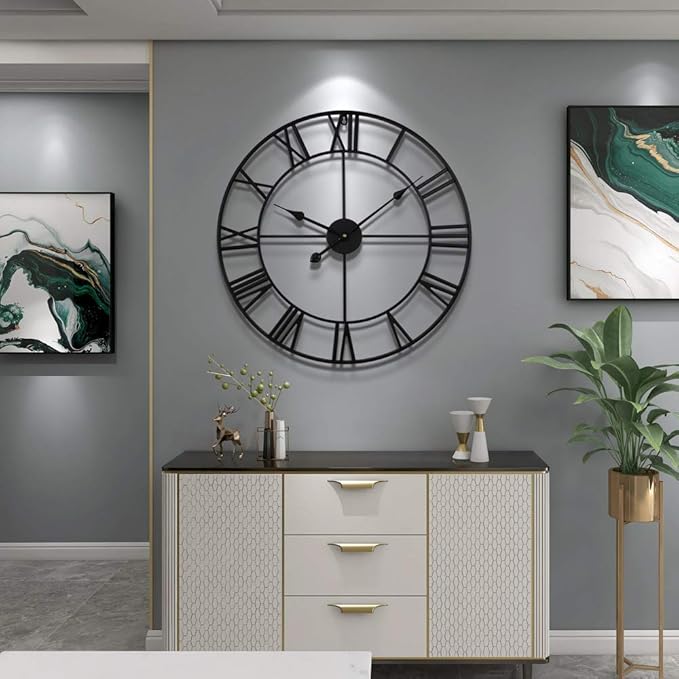 LEIKE Large Wall Clock, 24" Completely Silent, Non Ticking, Battery-Operated,Rustic Round Modern Metal Wall Clock Decor for Living Room, Bedroom and Kitchen, (60cm, Black-Roman Number)