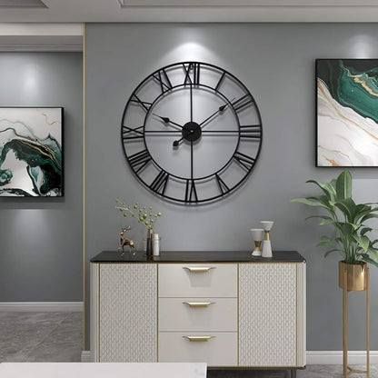 LEIKE Large Wall Clock, 24" Completely Silent, Non Ticking, Battery-Operated,Rustic Round Modern Metal Wall Clock Decor for Living Room, Bedroom and Kitchen, (60cm, Black-Roman Number)