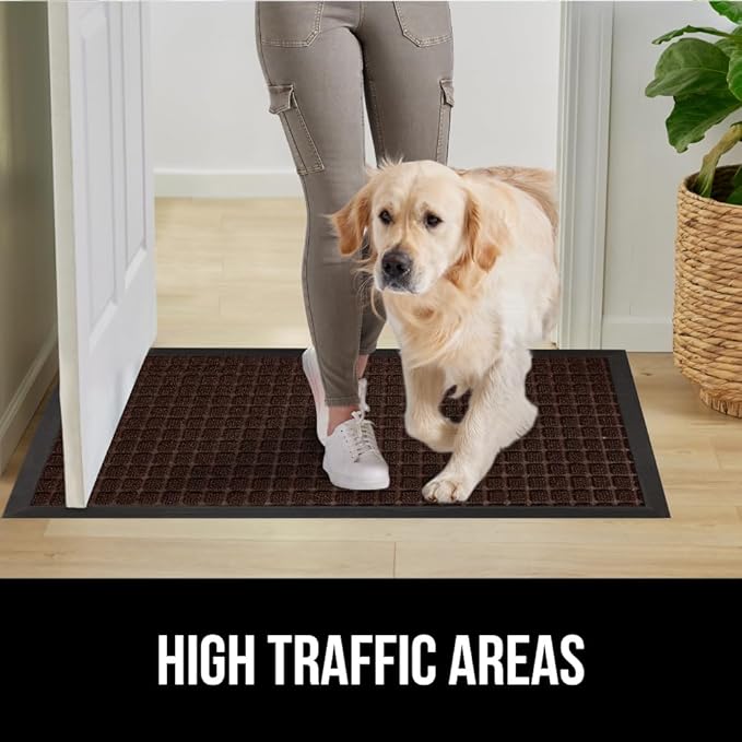 GORILLA GRIP 100% Waterproof All-Season WeatherMax Doormat, 34x58, US Designed Natural Rubber, Stain and Fade Resistant, Low Profile Indoor Outdoor Door Mats, Easy Clean Patio Mat, Coffee Squares