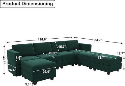 Belffin Modular Sectional Sofa U Shaped Sectional Couch with Reversible Chaises Velvet Modular Sofa with Storage Seat Green