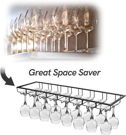 Xverycan Wine Glass Rack Under Cabinet, 8 Row Extreme Large Stemware Hanger, Metal Wine Goblet Holder, DIY Bar Glass Storage Rack for Bar Counter, Kitchen, Screws Included (Black)