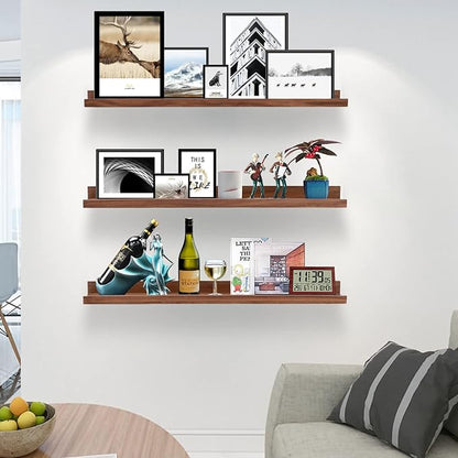 AZSKY Floating Photo Shelves Fair Light Walnut 24 Inch Picture Ledge for Storage Wall Book Shelves Hanging Picture Photo Frame Ledge Shelves with Lip a Set of 3 Same Sizes Kitchen Spice Rack