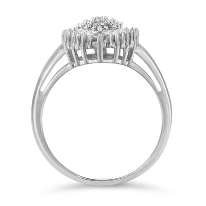 10K White Gold 1/2 Cttw Round & Baguette Cut Diamond Pear Shaped Domed PavÃ© Cluster with Halo Cocktail Ring (H-I Color, SI1-SI2 Clarity) - Size 5