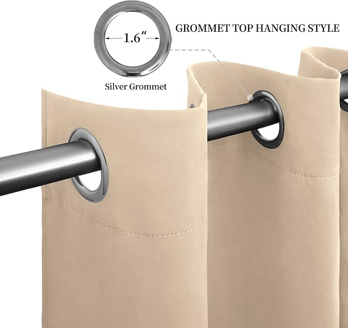 Easy-Going Blackout Curtains for Bedroom, Solid Thermal Insulated Grommet and Noise Reduction Window Drapes, Room Darkening Curtains for Living Room, 2 Panels (52x84 in,Beige)