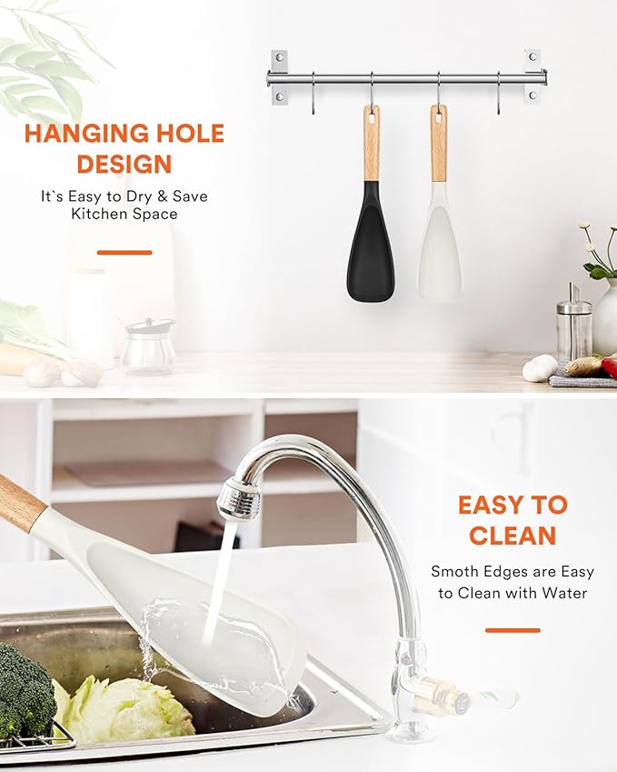 Cooking Spoon for Nonstick Cookwares, Great for Cooking and Serving Sturdy BPA-Free Matte Silicone, Wood Handle Spoon for Mixing, Scoop, and Scrape (Black & White, 11.4 inch)