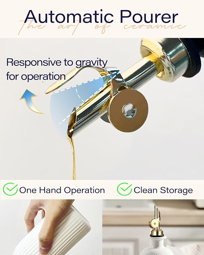 getstar 18 oz Olive Oil Dispenser Bottle for Kitchen, Ceramic Oil Bottle with Automatic Stainless Steel Pourer (Golden Pourer)