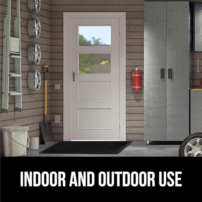 GORILLA GRIP 100% Waterproof All-Season WeatherMax Doormat US Designed Natural Rubber, Stain and Fade Resistant, Low Profile Indoor Outdoor Door Mats, Easy Clean Patio Mat, 17x29, Black Diamond