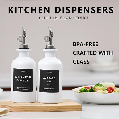 HOMCDALY Olive Oil Dispenser for Kitchen, 11.8oz Glass kitchen Dispenser Bottle, White Oil&Vinegar Cruet Set, Leakproof Oil Bottle for Cooking| Set of 2 (11.8oz – White)