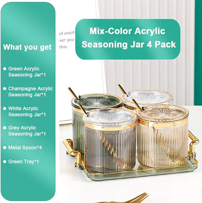 Acrylic Condiment Spice Jars,Condiment Spice Box With Lids and Spoons and Tray,Clear Plastic Condiment Canisters,Seasoning Box 4 Pack,Seasoning Box Set for Kitchen to Storage Salt,Paprika,Sugar